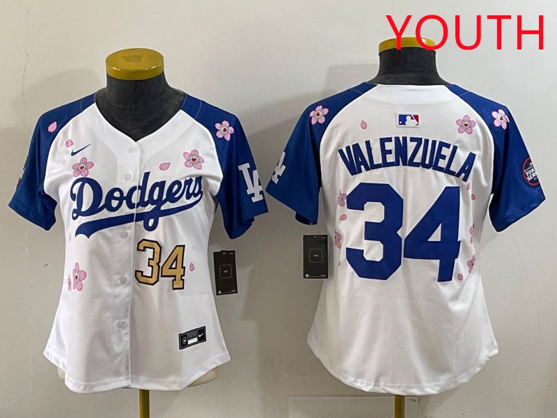 Youth Los Angeles Dodgers #34 Valenzuela White Blue Sakura Edition 2025 Nike MLB Jersey style 33